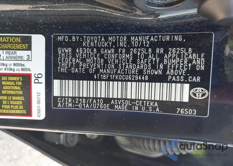 2012 Toyota Camry L из США, поврежденный, VIN 4T1BF1FK0CU629448